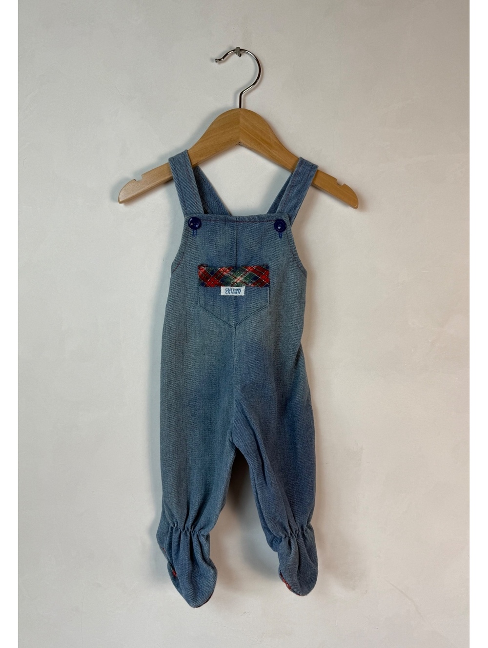 Vintage Cotton Candy Blue Denim Baby Overalls with Plaid Pocket